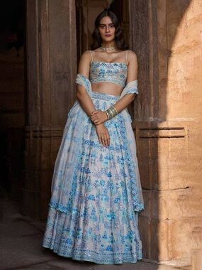 Embroidered Blue Floral Lehenga Choli - Ivory
